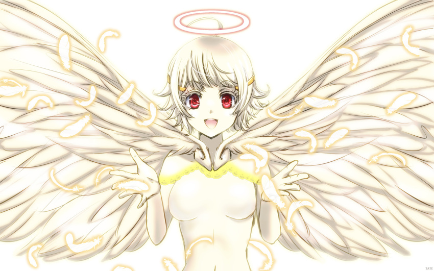 1girl :d ahoge angel angel_wings breasts circlet colored_eyelashes colored_skin commentary_request eyebrows_visible_through_hair feathers gold_trim halo highres looking_at_viewer medium_breasts nasse navel open_mouth platinum_end red_eyes short_hair smile solo tatemori upper_teeth white_background white_hair white_skin wings