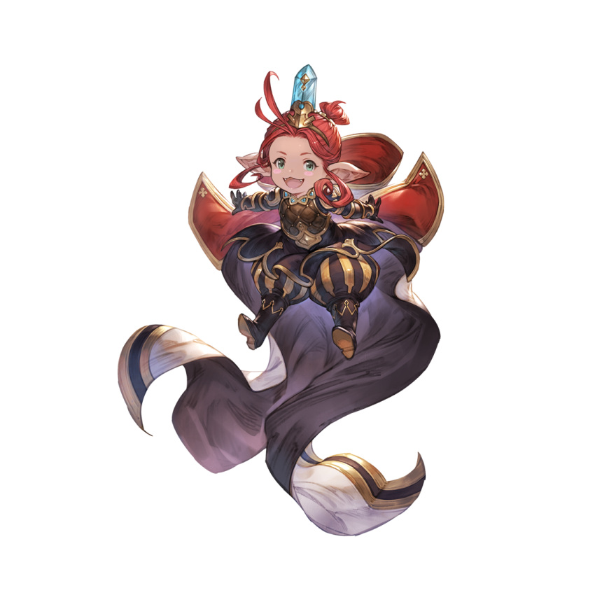 1girl black_footwear black_gloves black_pants blue_eyes blush boots cape dark-skinned_female dark_skin fangs full_body funf gem gloves granblue_fantasy harvin long_hair official_art open_mouth pants pointy_ears puffy_pants redhead smile solo transparent_background