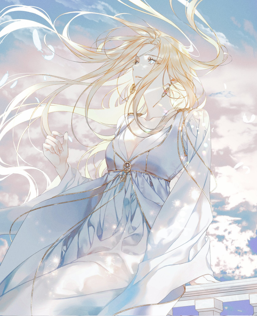 1girl blonde_hair clouds cloudy_sky collarbone dress ea_ateu earrings feathers floating_hair highres jewelry light_rays long_hair long_sleeves looking_up original sitting sitting_on_stairs sky solo stairs sunbeam sunlight