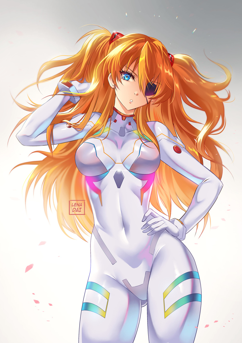 1girl arm_up artist_name bangs blue_eyes bodysuit breasts commentary commission contrapposto covered_collarbone covered_navel cowboy_shot english_commentary evangelion:_3.0+1.0_thrice_upon_a_time eyebrows_visible_through_hair gloves gradient gradient_background grey_background hair_between_eyes hand_on_hip head_tilt highres interface_headset lena_dai long_hair looking_at_viewer medium_breasts neon_genesis_evangelion orange_hair parted_lips petals plugsuit rainbow_order rebuild_of_evangelion shiny shiny_clothes shiny_hair signature solo souryuu_asuka_langley standing two_side_up white_background white_bodysuit white_gloves