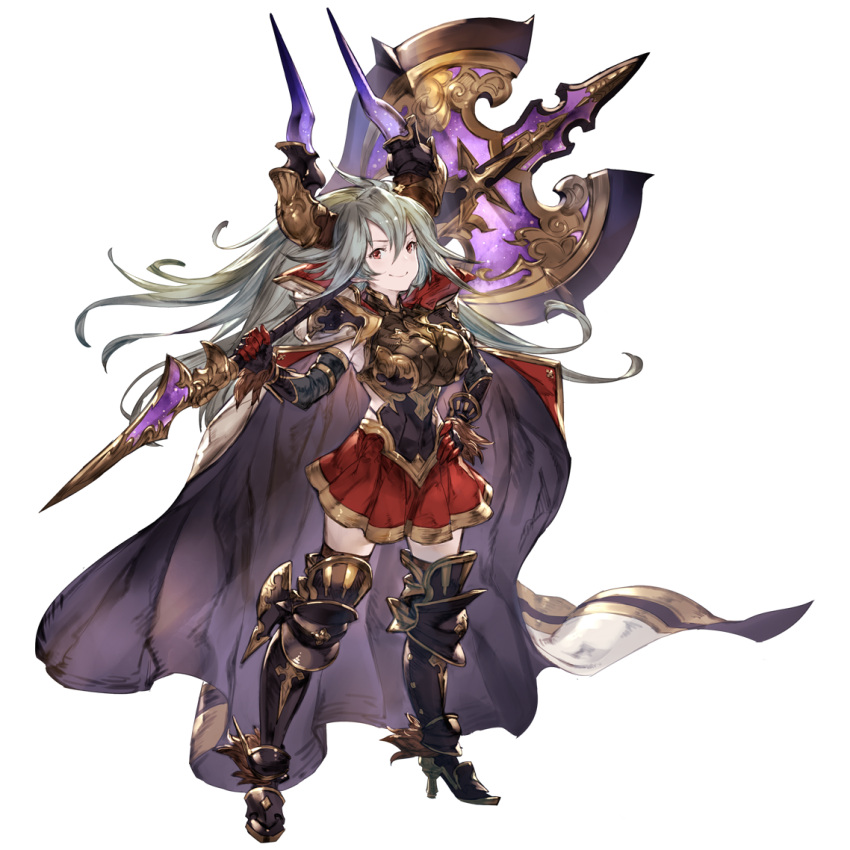 1girl ahoge ass axe bangs battle_axe black_gloves black_legwear cape draph full_body gloves granblue_fantasy grey_hair hair_between_eyes high_heels holding holding_weapon horns long_hair looking_at_viewer miniskirt official_art over_shoulder red_eyes red_skirt simple_background skirt smile solo thalatha_(granblue_fantasy) thigh-highs transparent_background v-shaped_eyebrows weapon weapon_over_shoulder zettai_ryouiki