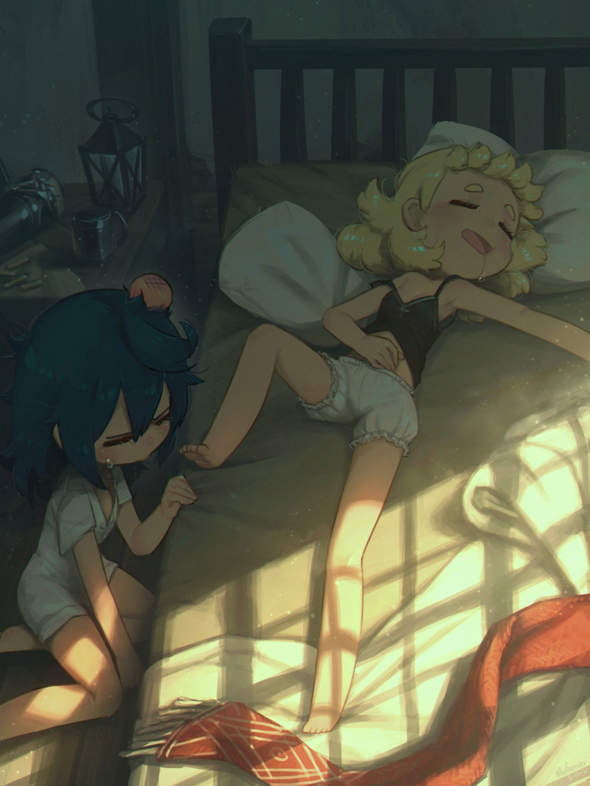 2girls absurdres bangs black_camisole blonde_hair bloomers blue_hair camisole closed_eyes commentary cup drooling english_commentary hand_on_own_stomach head_bump highres indoors lantern lying multiple_girls on_back on_bed open_mouth original pillow porforever short_hair short_sleeves sleeping strap_slip sweatdrop underwear underwear_only