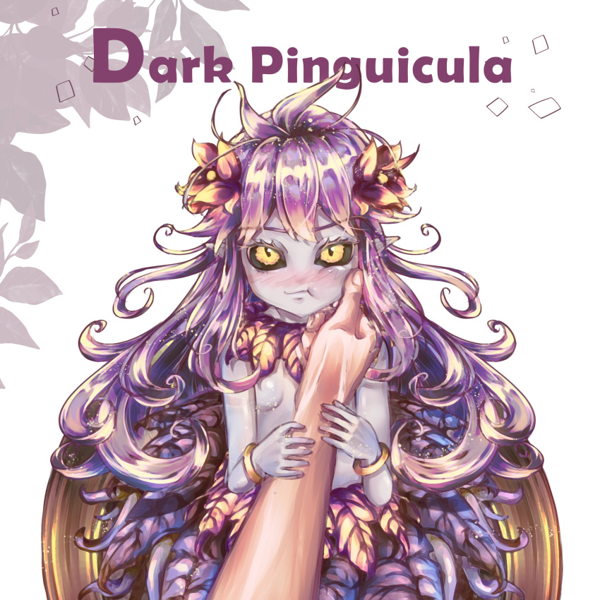 1girl 1other :t absurdres bangs black_sclera blush breasts character_name closed_mouth colored_sclera colored_skin commentary dark_pinguicula english_commentary feet_out_of_frame flower grey_skin hair_flower hair_ornament hand_on_another's_cheek hand_on_another's_face highres holding_hands leaf leaf_hair long_hair looking_at_viewer monster_girl nanaya_(shohei77) orange_flower plant_girl pointy_ears pov purple_hair ragnarok_online small_breasts topless white_background yellow_eyes
