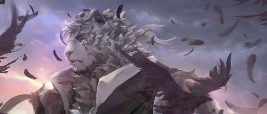 1boy aio_(aio769) animal_ears arknights bird black_feathers black_tank_top blood blood_on_face blue_eyes chain_necklace collared_shirt crow feathers fluffy furry glowing glowing_eyes highres male_focus mountain_(arknights) pants partially_unbuttoned scar scar_across_eye shirt short_hair solo tank_top tiger_boy tiger_ears upper_body white_fur white_hair white_pants