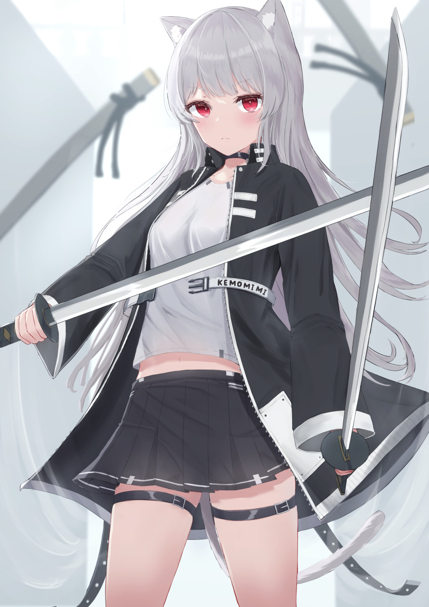 1girl absurdres animal_ear_fluff animal_ears bangs black_jacket black_skirt blurry blurry_background breasts cat_ears cat_girl cat_tail closed_mouth commentary_request depth_of_field dual_wielding eyebrows_visible_through_hair grey_hair highres holding holding_sword holding_weapon jacket katana long_hair long_sleeves looking_at_viewer midriff_peek navel open_clothes open_jacket original pleated_skirt red_eyes romaji_text shirt skirt small_breasts solo sword tail tanshio thigh_strap unsheathed very_long_hair weapon white_shirt