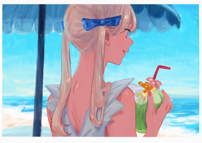 1girl beach_umbrella blonde_hair blue_bow blue_eyes bow cup day drink drinking_straw dyuba000 facing_away hair_bow highres nape ocean original outdoors pink_nails smile twintails umbrella upper_body