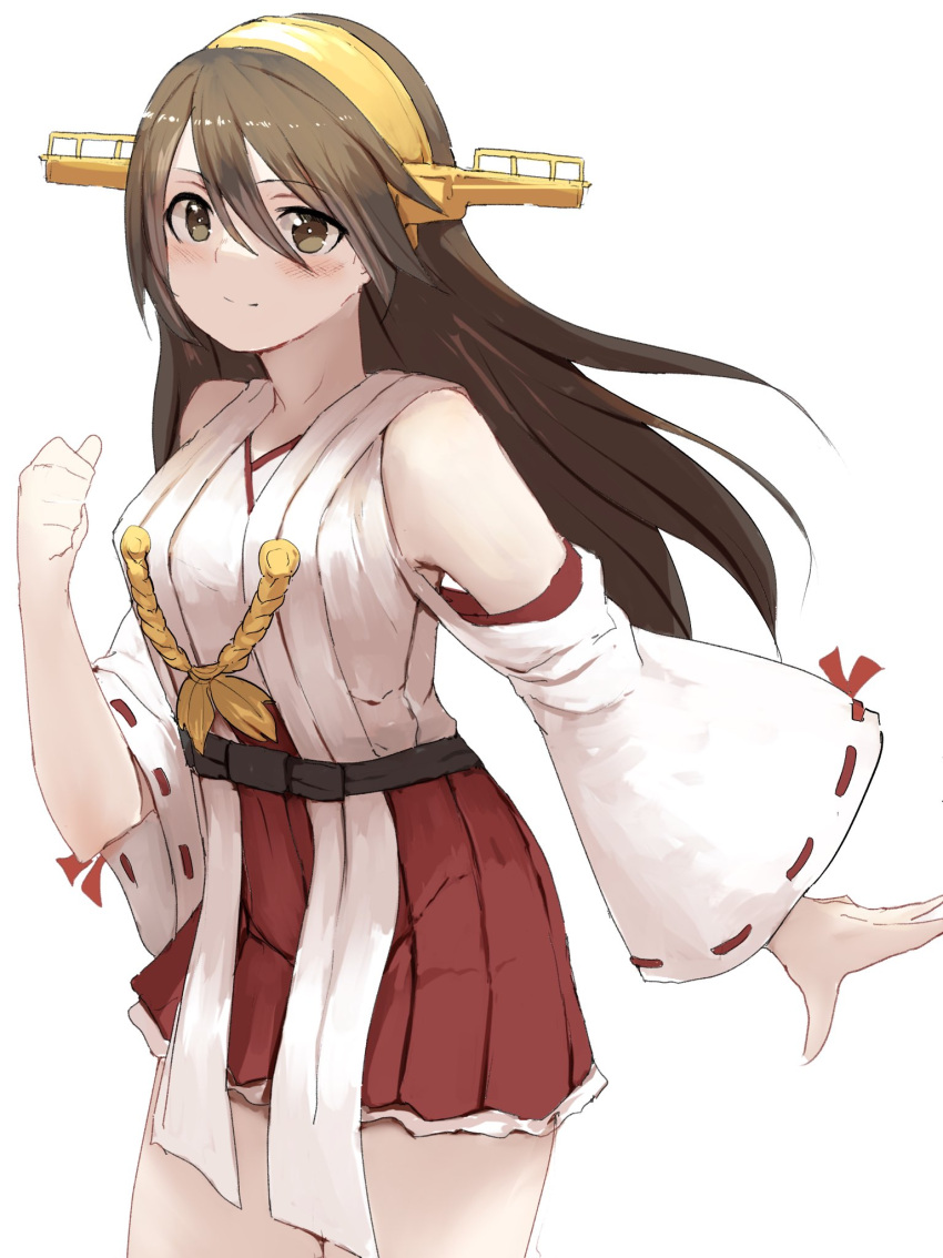 1girl black_hair brown_eyes cowboy_shot detached_sleeves hair_ornament hairband hairclip hakama_short_skirt haruna_(kancolle) highres honmakaina_kudou japanese_clothes kantai_collection leaning_forward long_hair one-hour_drawing_challenge red_skirt ribbon-trimmed_sleeves ribbon_trim simple_background skirt solo standing white_background