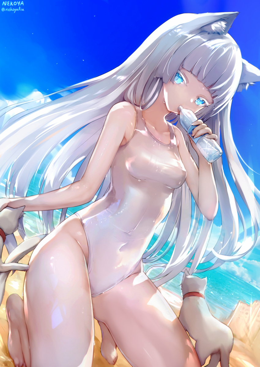 1girl animal animal_ear_fluff animal_ears awp_(girls_frontline)_(nekoya_(liu)) bare_arms bare_legs bare_shoulders barefoot beach blue_eyes bottle breasts cat cat_ears colored_eyelashes commentary_request covered_navel day girls_frontline grey_hair hand_up highres holding holding_bottle horizon kneeling long_hair looking_at_viewer medium_breasts nekoya_(liu) ocean one-piece_swimsuit original outdoors revision sand solo swimsuit very_long_hair water water_bottle white_cat white_swimsuit