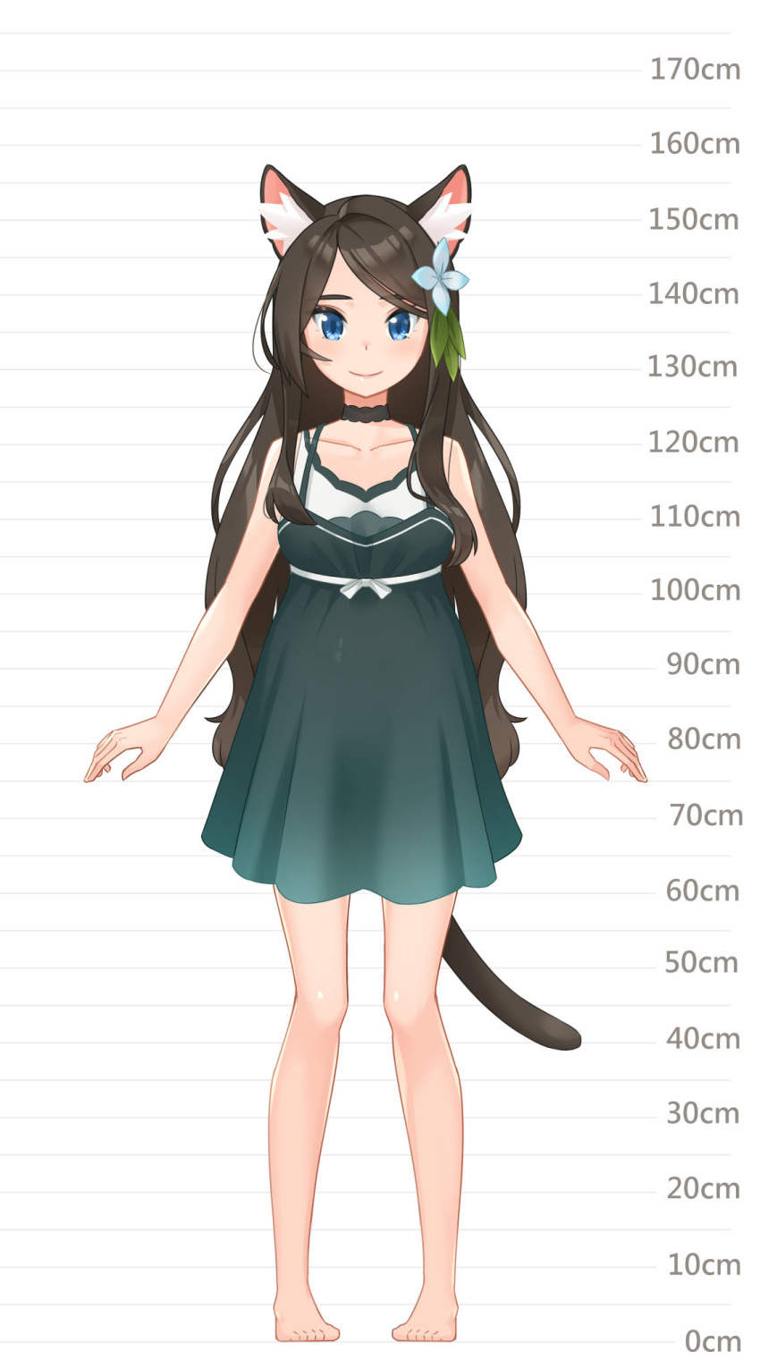 1girl aina_(mao_lian) animal_ear_fluff animal_ears arms_at_sides bare_shoulders barefoot black_choker blue_eyes breasts brown_hair cat_ears cat_tail choker closed_mouth dress full_body green_dress height_chart highres long_hair looking_at_viewer mao_lian_(nekokao) medium_breasts original pigeon-toed pregnant smile solo standing tail