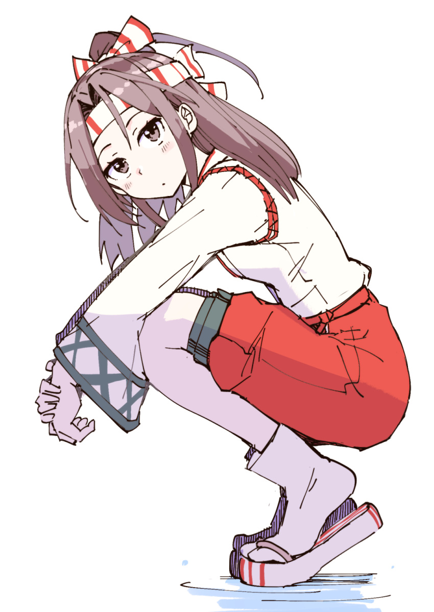 1girl brown_eyes brown_hair from_side full_body hachimaki hakama_shorts headband high_ponytail highres japanese_clothes kantai_collection kou1 looking_at_viewer sandals socks solo squatting zuihou_(kancolle)