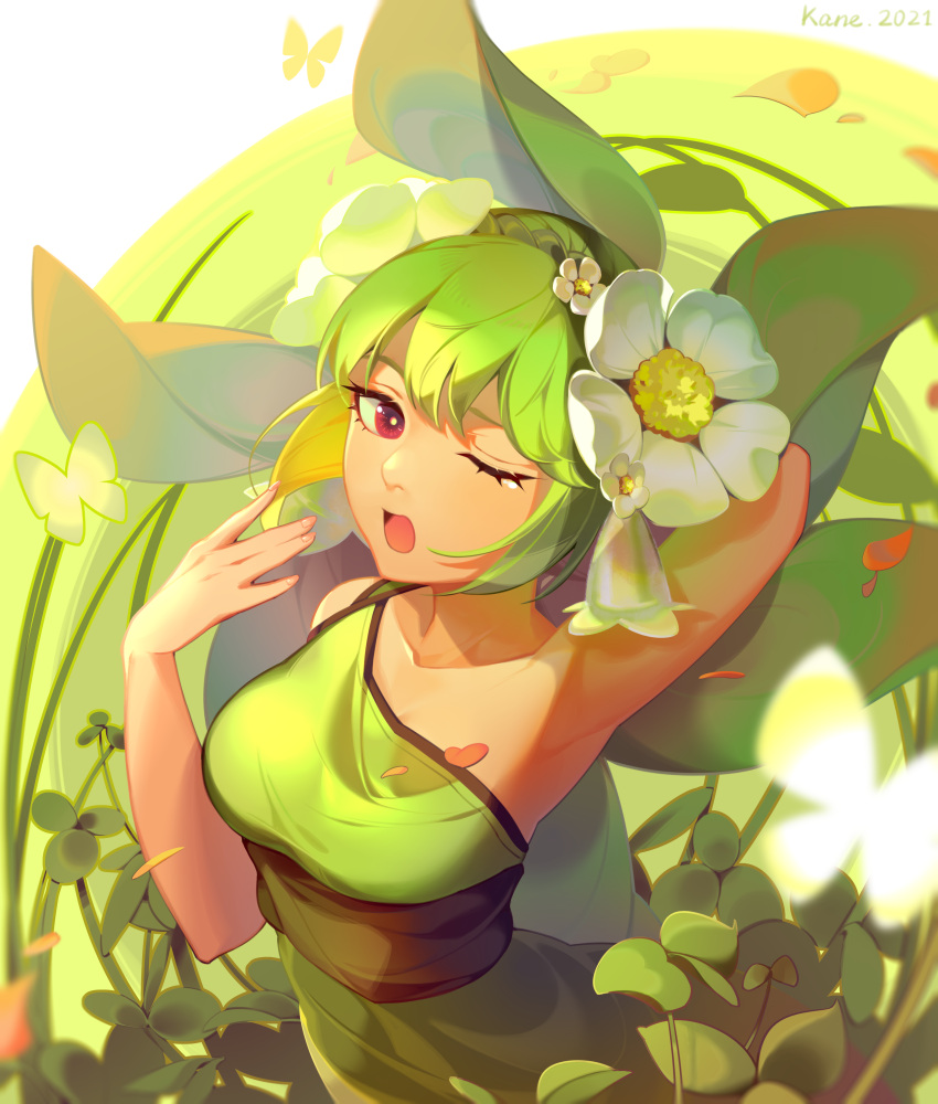 1girl absurdres arm_behind_head artist_name bangs bug butterfly crossed_bangs dress floral_background flower green_dress green_hair guardian_tales hair_flower hair_ornament hand_up highres insect kane_5g leaf_fairy_aoba one_eye_closed open_mouth red_eyes short_hair sleeveless