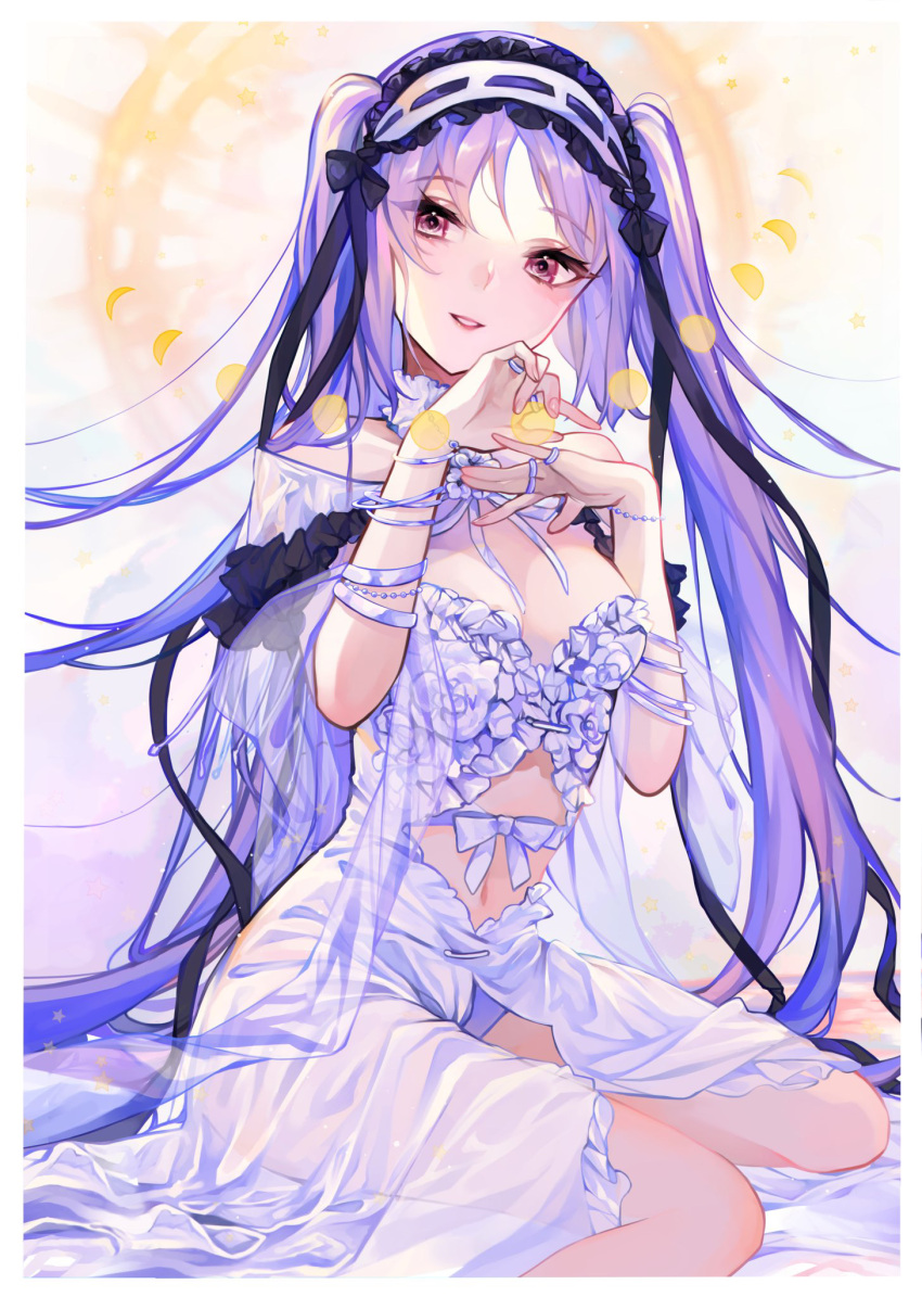 1girl bangs bare_shoulders blush breasts collarbone dress fate/hollow_ataraxia fate_(series) frilled_hairband frills hairband highres long_hair looking_at_viewer mishasimarina0130 parted_bangs purple_hair sidelocks small_breasts solo stheno_(fate) twintails very_long_hair violet_eyes white_dress