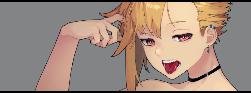 1girl black_choker blonde_hair choker ear_piercing earrings grey_background hand_up highres jewelry leo_(reiga) letterboxed looking_at_viewer nude open_mouth original piercing portrait red_eyes reiga_(act000) simple_background solo tongue tongue_out tongue_piercing