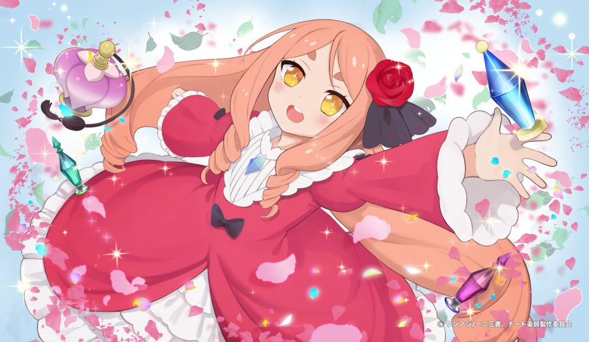 1girl bow cheat_kushushi_no_slow_life dress drill_hair elaine_(cheat_kushushi_no_slow_life) end_card flower frilled_dress frills hair_bow hair_flower hair_ornament jewelry long_sleeves moni_(credo) necklace official_art open_clothes orange_hair potion red_dress red_flower ribbon yellow_eyes