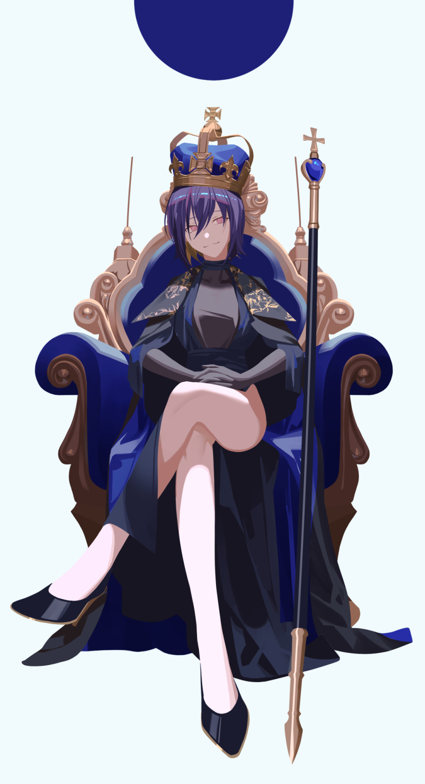 1girl black_gloves colored_inner_hair commission crossed_legs crown full_body gloves high_heels highres looking_at_viewer multicolored_hair orange_hair original purple_hair red_eyes scepter short_hair simple_background sitting skeb_commission smile solo throne tsuki-shigure two-tone_hair