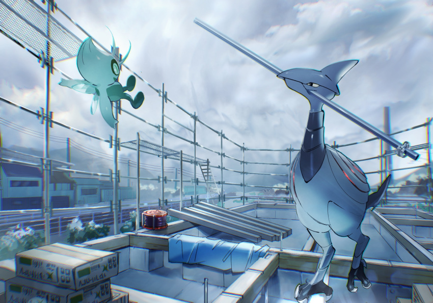 black_eyes box brick building celebi chromatic_aberration clouds commentary_request flying gen_2_pokemon highres mouth_hold mythical_pokemon no_humans outdoors pokemon pokemon_(creature) scaffolding skarmory standing tachiide talons window