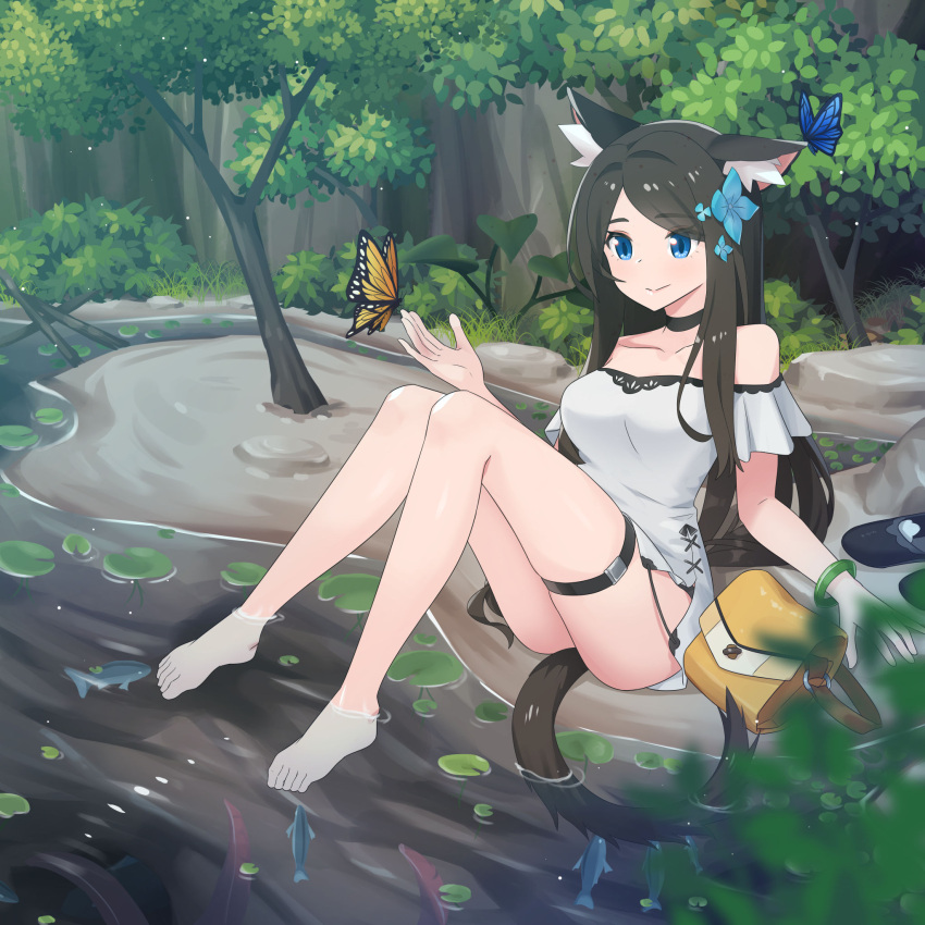 1girl aina_(mao_lian) animal_ear_fluff animal_ears bag bangs bare_shoulders barefoot black_hair blue_eyes bracelet breasts bug butterfly cat_ears cat_tail choker dress eyebrows_visible_through_hair fish flower hair_flower hair_ornament highres insect jewelry mao_lian_(nekokao) medium_breasts original outdoors parted_bangs shoes_removed sitting solo strapless strapless_dress tail tail_lift thigh_strap water