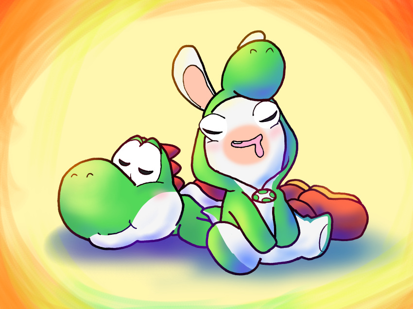 animal_ears buck_teeth crossover highres super_mario_bros. rabbid rabbid_yoshi rabbit_ears raving_rabbids simple_background sleeping yellow_background yoshi