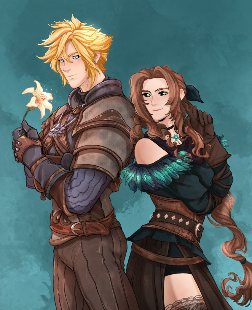 1boy 1girl absurdres aerith_gainsborough armor back-to-back bangs blonde_hair blue_eyes braid brown_hair chocobo cloud_strife cosplay feather_trim feathers final_fantasy final_fantasy_vii geralt_of_rivia green_eyes hair_ribbon highres khijenn leather_armor long_hair long_sleeves pants ribbon sidelocks spiky_hair the_witcher_(series) thigh-highs yennefer