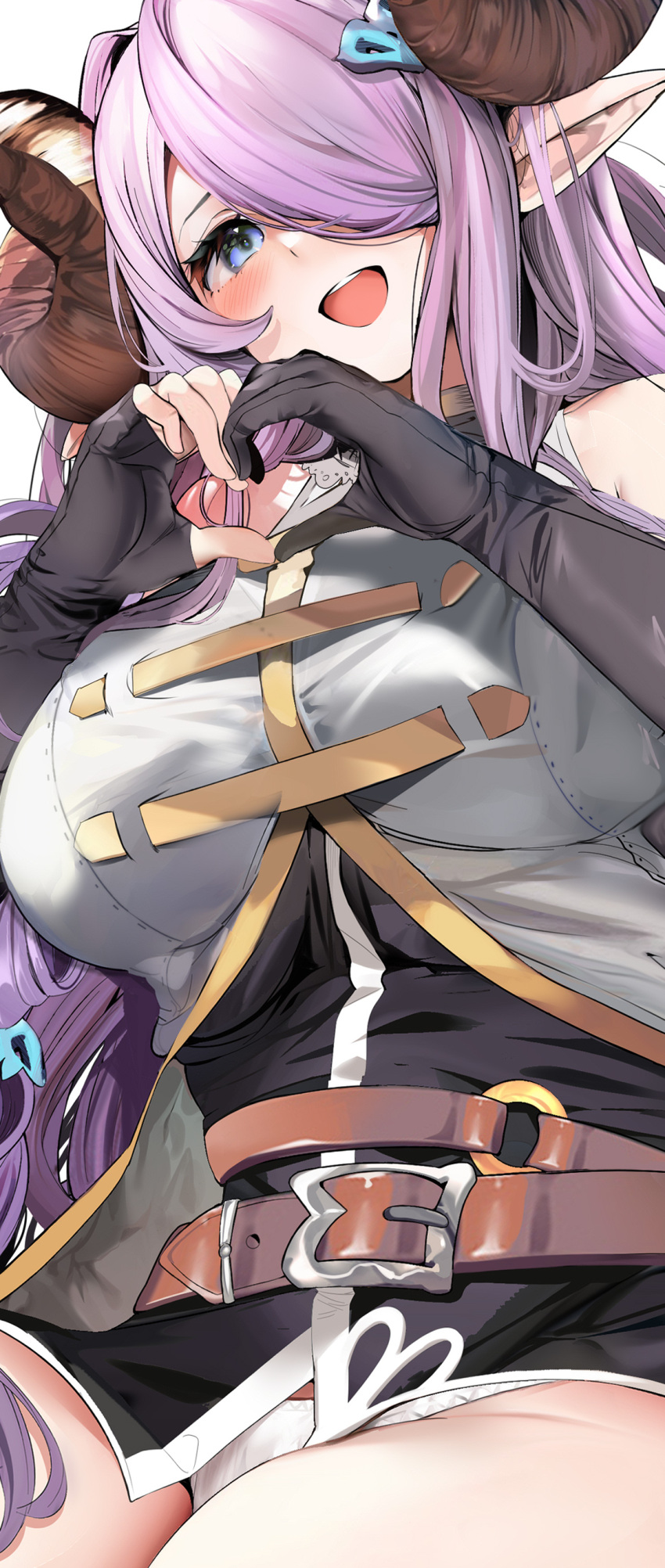 1girl absurdres bangs blue_eyes blush breasts draph gloves granblue_fantasy hair_over_one_eye highres horns large_breasts light_purple_hair long_hair looking_at_viewer marushin_(denwa0214) narmaya_(granblue_fantasy) open_mouth pointy_ears smile solo