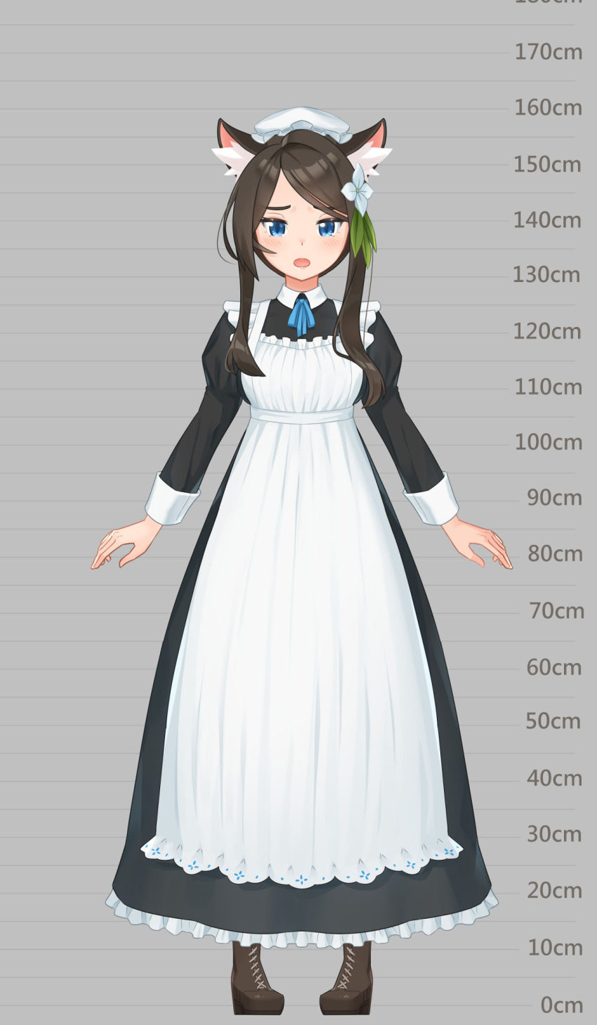 1girl aina_(mao_lian) alternate_costume animal_ear_fluff animal_ears apron arms_at_sides black_dress blue_eyes blue_neckwear blue_ribbon blush brown_footwear brown_hair cat_ears cat_tail cross-laced_footwear dress enmaided flower hair_flower hair_ornament hat height_chart highres juliet_sleeves long_dress long_sleeves looking_at_viewer maid mao_lian_(nekokao) neck_ribbon nurse_cap open_mouth original pigeon-toed puffy_sleeves ribbon smile solo standing tail white_apron white_flower white_headwear