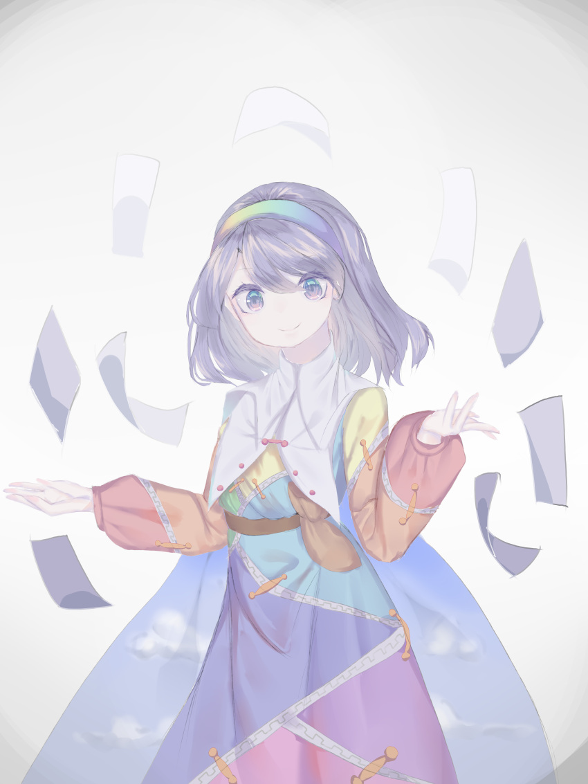 1girl absurdres bag bangs breasts cape card closed_mouth cowboy_shot dress eyebrows_behind_hair gradient gradient_background hair_between_eyes hairband hands_up highres indolent-anima_(xwxw8575) long_hair long_sleeves looking_at_viewer multicolored multicolored_clothes multicolored_dress puffy_sleeves purple_hair rainbow_gradient small_breasts smile solo swept_bangs tenkyuu_chimata touhou violet_eyes white_cape