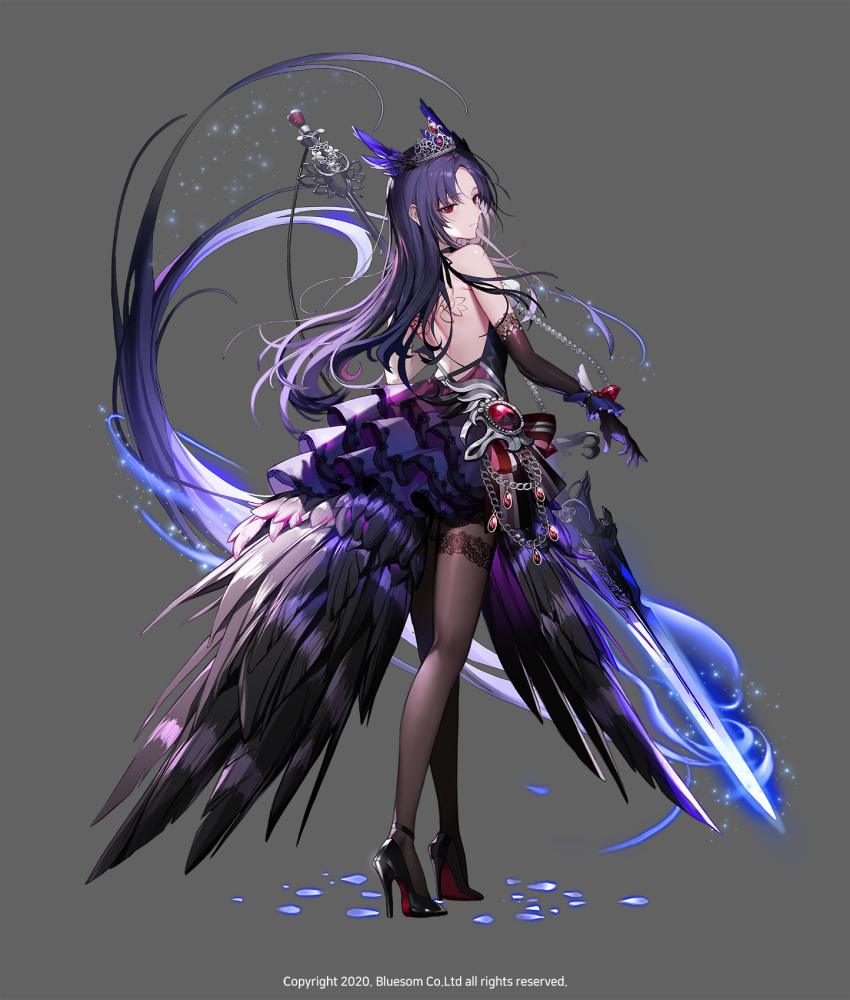 1girl back_tattoo bare_shoulders black_gloves black_legwear crown dress energy_sword feathers frilled_dress frills full_body gem gloves high_heels highres lentain long_hair looking_back official_art pantyhose red_eyes scepter solo standing stiletto_heels sword tattoo weapon wild_girls