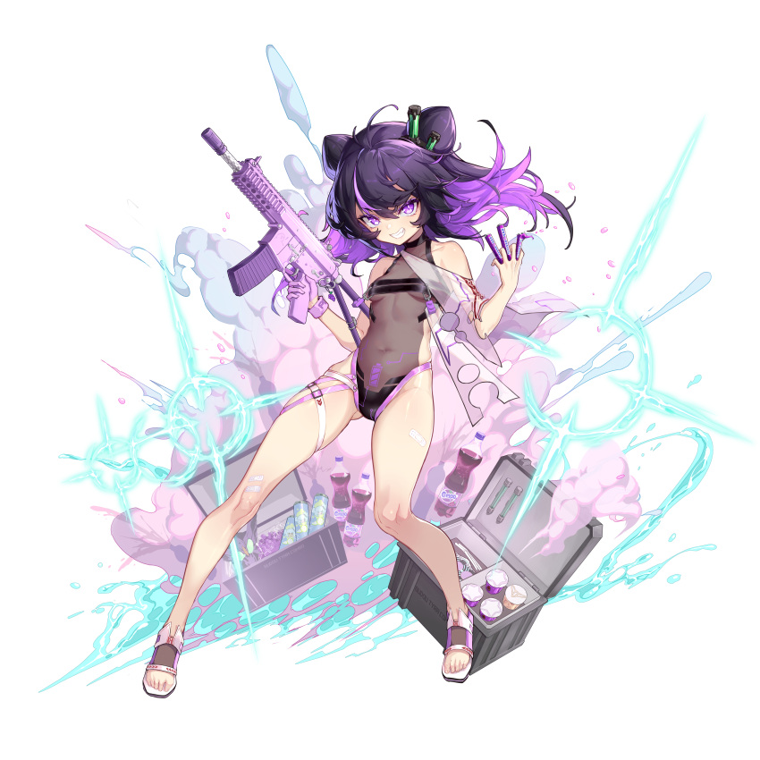 1girl absurdres ass_visible_through_thighs bandaid bandaid_on_knee bandaid_on_leg bare_legs breasts bright_pupils covered_navel double_bun eyebrows_visible_through_hair fanta full_body girls_frontline grin gun hair_between_eyes hair_cones highres kac-pdw kac-pdw_(girls_frontline) long_hair multicolored_hair navel official_alternate_costume official_art one-piece_swimsuit purple_hair sandals see-through shanyao_jiang_tororo small_breasts smile soda_bottle solo streaked_hair swimsuit thigh_strap transparent_background trigger_discipline two-tone_hair under_boob violet_eyes weapon wristband