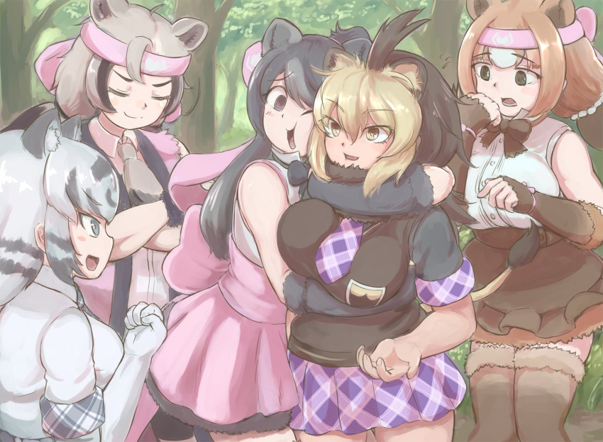 5girls animal_ears arm_around_back arm_around_neck back_bow bangs barbary_lion_(kemono_friends) bear_ears bergman's_bear_(kemono_friends) black_eyes black_hair blonde_hair blue_eyes bow bracelet breasts brown_hair cheek-to-cheek cheek_press cheek_squash closed_mouth commentary_request crossed_arms day elbow_gloves empty_eyes extra_ears eyebrows_visible_through_hair ezo_brown_bear_(kemono_friends) facing_another fist_pump fur_bracelet fur_collar furrowed_brow gloves grey_hair hair_between_eyes hand_to_own_mouth hand_up headband heads_together highres hug jewelry kemono_friends kemono_friends_3 kodiak_bear_(kemono_friends) large_breasts lion_ears long_hair looking_at_another medium_hair miniskirt multicolored_hair multiple_girls necktie okyao open_mouth outdoors shirt short_sleeves sidelocks skirt sleeveless sleeveless_shirt smile standing sweater_vest tan thigh-highs tiger_ears two-tone_hair unaligned_breasts v-shaped_eyebrows white_tiger_(kemono_friends) yellow_eyes