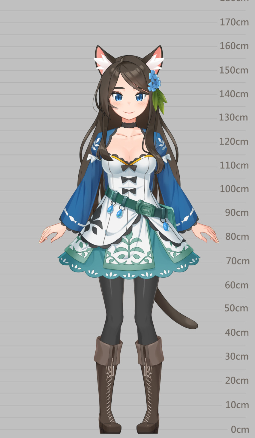 1girl aina_(mao_lian) animal_ear_fluff animal_ears arms_at_sides black_choker black_legwear blue_eyes blue_flower blue_skirt brown_footwear brown_hair cat_ears cat_tail choker cross-laced_footwear flower fold-over_boots hair_flower hair_ornament height_chart highres long_sleeves looking_at_viewer mao_lian_(nekokao) original pantyhose skirt smile solo tail