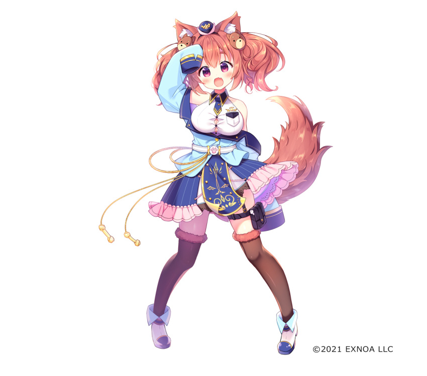 1girl :d animal_ear_fluff animal_ears aoi_yun arm_up bangs bare_shoulders blue_headwear blue_jacket blue_skirt blush boots breasts brown_hair brown_legwear collared_shirt commentary_request copyright_request dog_ears dog_girl dog_hair_ornament dog_tail dress_shirt eyebrows_visible_through_hair fang full_body fur-trimmed_legwear fur_trim hair_between_eyes hair_ornament hat head_tilt jacket large_breasts legs_apart long_sleeves looking_at_viewer mini_hat off_shoulder official_art open_clothes open_jacket open_mouth shirt simple_background skirt sleeveless sleeveless_shirt sleeves_past_fingers sleeves_past_wrists smile solo standing tail thick_eyebrows thigh-highs thighhighs_under_boots twintails violet_eyes watermark white_background white_footwear white_shirt