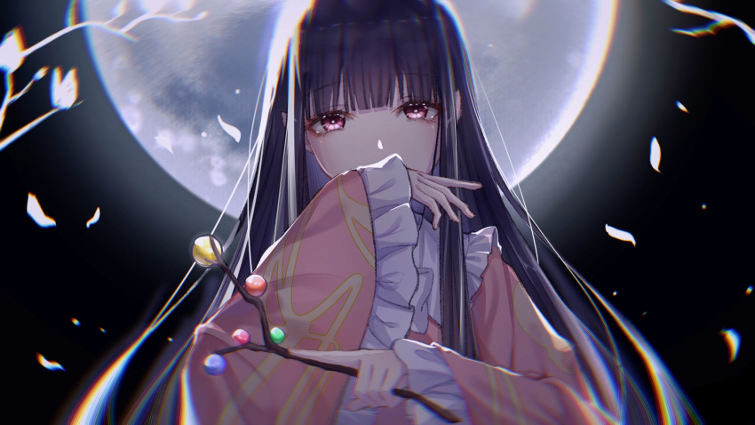 1girl bangs black_hair blouse bow bowtie branch collar eyebrows_visible_through_hair frills hands_up highres houraisan_kaguya jeweled_branch_of_hourai long_hair long_sleeves looking_at_viewer moon moonlight night night_sky petals pink_blouse pink_eyes ringo_no_usagi_(artist) shadow sky solo touhou treasure upper_body white_bow white_neckwear wide_sleeves
