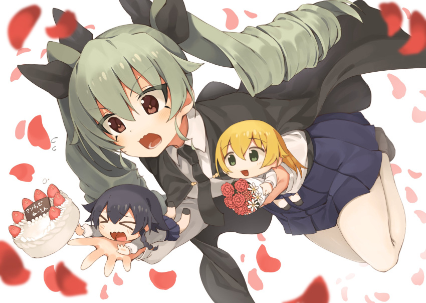 &gt;_&lt; 3girls anchovy_(girls_und_panzer) anzio_school_uniform bangs birthday_cake black_cape black_footwear black_hair black_neckwear black_skirt blonde_hair bouquet braid brown_eyes cake cape carpaccio_(girls_und_panzer) character_name chibi closed_eyes commentary_request dress_shirt drill_hair emblem eyebrows_visible_through_hair floating flower flying_sweatdrops food frown girls_und_panzer green_hair highres legs_up long_hair long_sleeves minigirl miniskirt multiple_girls necktie open_mouth pantyhose pepperoni_(girls_und_panzer) petals pleated_skirt school_uniform seramikku shirt shoes short_hair side_braid skirt smile twin_drills twintails white_legwear white_shirt wing_collar