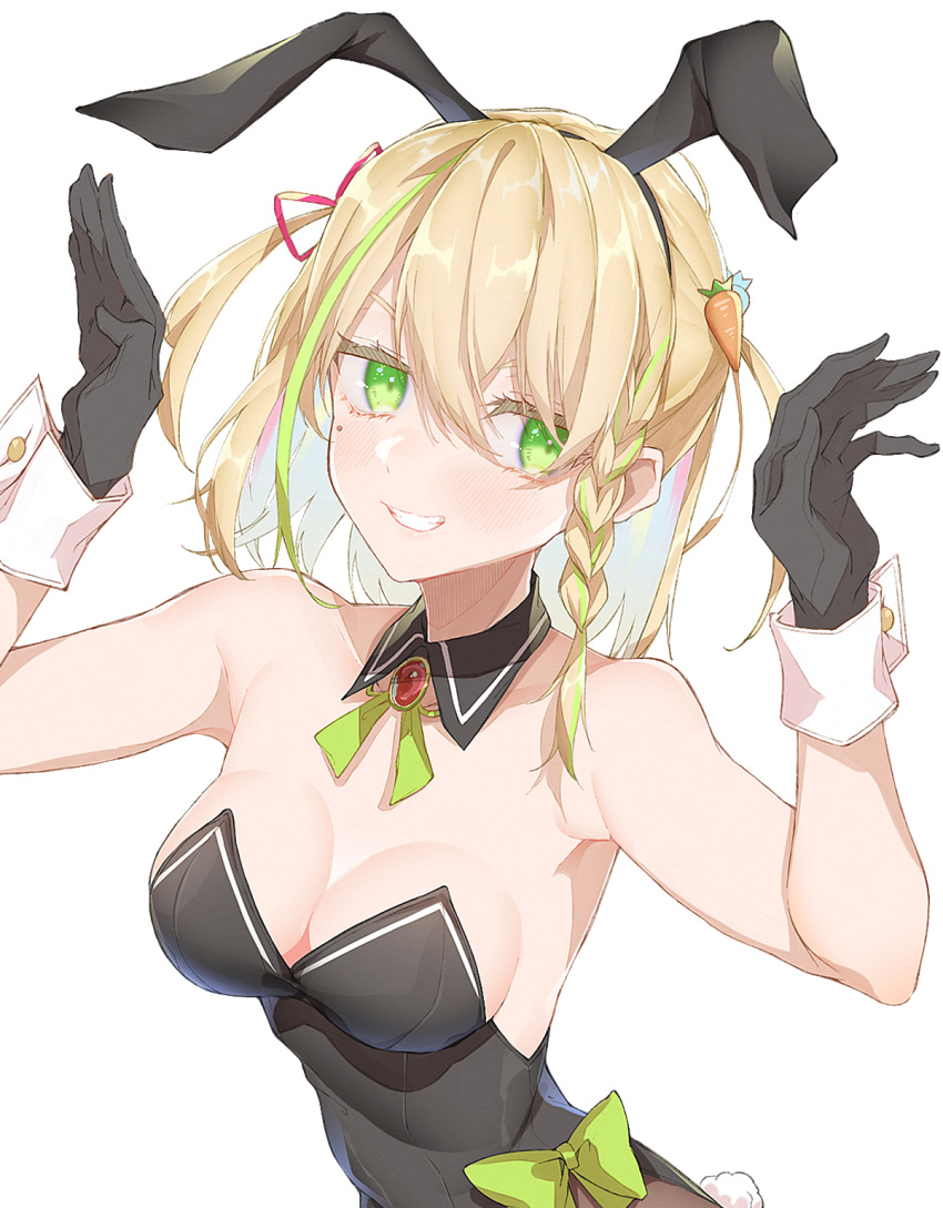 1girl animal_ears black_gloves black_hairband black_leotard blonde_hair bow braid breasts brooch bunny_pose commission e_sky_rugo fake_animal_ears fuzuki_miki gloves green_bow green_eyes grin hair_ribbon hairband hands_up highres indie_virtual_youtuber jewelry leotard looking_at_viewer medium_breasts medium_hair mole mole_under_eye multicolored_hair rabbit_ears red_ribbon ribbon simple_background skeb_commission smile solo streaked_hair upper_body white_background wrist_cuffs