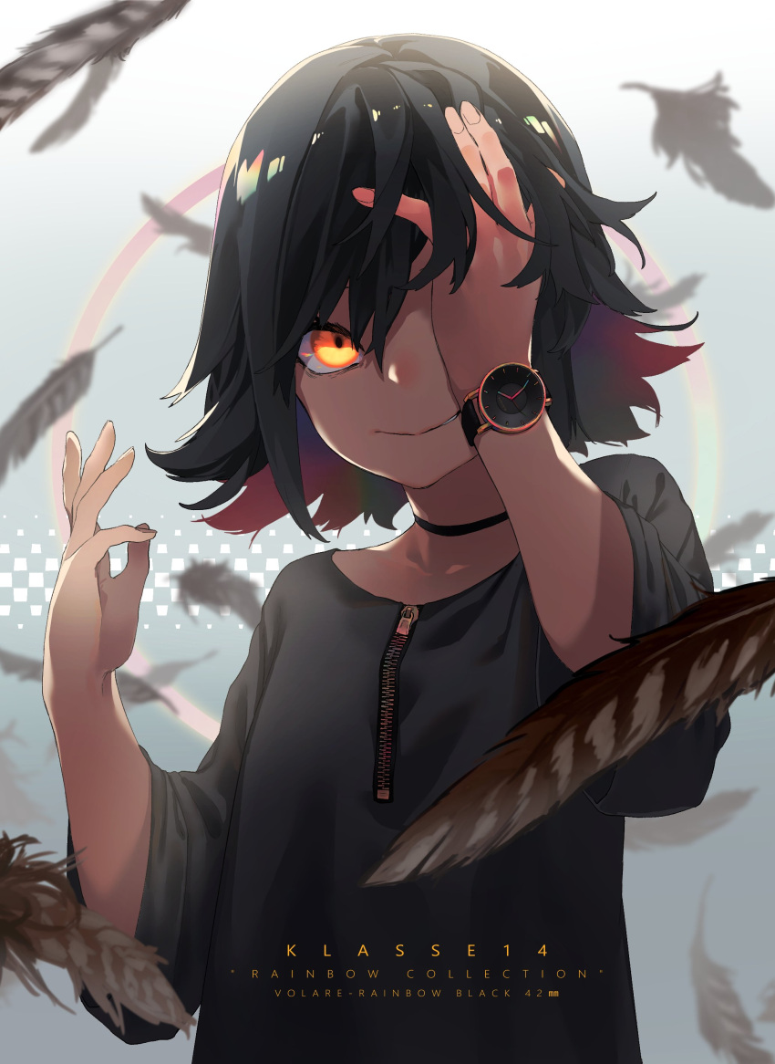 1girl absurdres black_choker black_hair black_shirt blurry blurry_background choker closed_mouth colored_inner_hair depth_of_field feathers hand_over_eye hand_up highres klasse14 looking_at_viewer medium_hair multicolored_hair one_eye_covered orange_eyes reiga_(act000) shirt smile solo upper_body watch watch