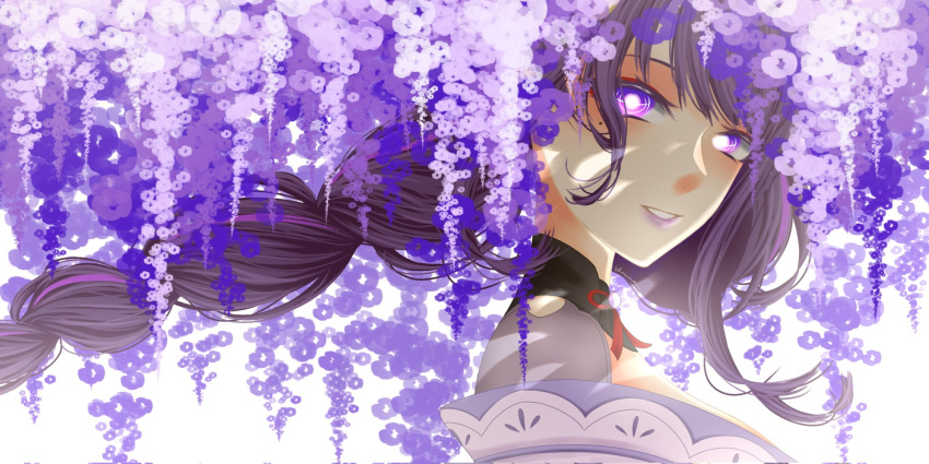 1girl bangs braid breasts commentary english_commentary flower from_side genshin_impact hair_ornament highres japanese_clothes kimono long_hair looking_at_viewer mole mole_under_eye multicolored_hair open_mouth purple_flower purple_hair purple_lips r_shuura065 raiden_(genshin_impact) ribbon simple_background solo streaked_hair violet_eyes