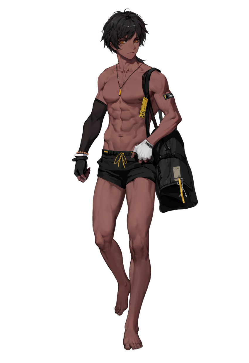 1boy abs arknights bag black_hair dark_skin diaodiao gloves highres jewelry male_focus necklace orange_eyes solo swimsuit thorns_(arknights) white_background