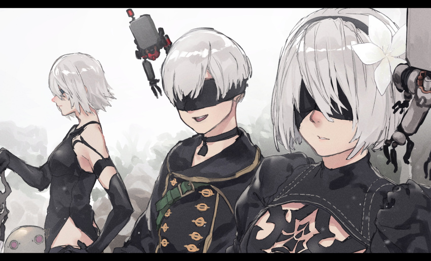 1boy 2girls :d absurdres black_dress black_gloves black_hairband black_leotard blindfold blue_eyes closed_mouth dress elbow_gloves facing_viewer from_side gloves grey_hair hairband highres leotard looking_at_viewer looking_to_the_side medium_hair multiple_girls nier_(series) open_mouth parted_lips pod_(nier_automata) reiga_(act000) smile sword weapon yorha_no._2_type_b yorha_no._9_type_s yorha_type_a_no._2