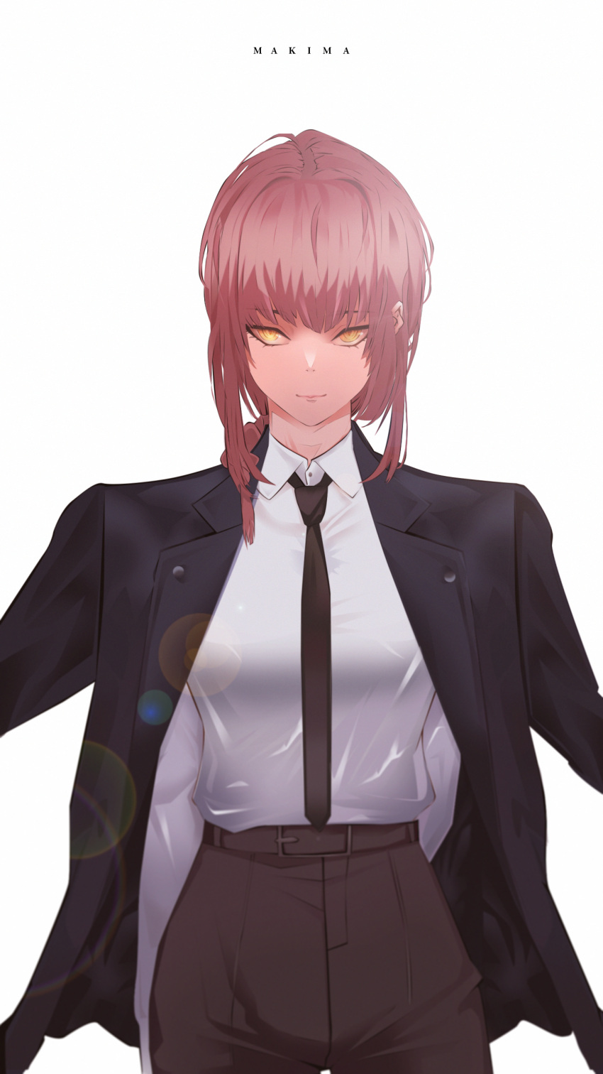 1girl absurdres black_jacket black_neckwear braid braided_ponytail breasts business_suit chainsaw_man eyelashes formal hakamecreation highres jacket light_smile long_jacket looking_at_viewer makima_(chainsaw_man) medium_breasts necktie office_lady ringed_eyes shirt_tucked_in smile solo suit yellow_eyes