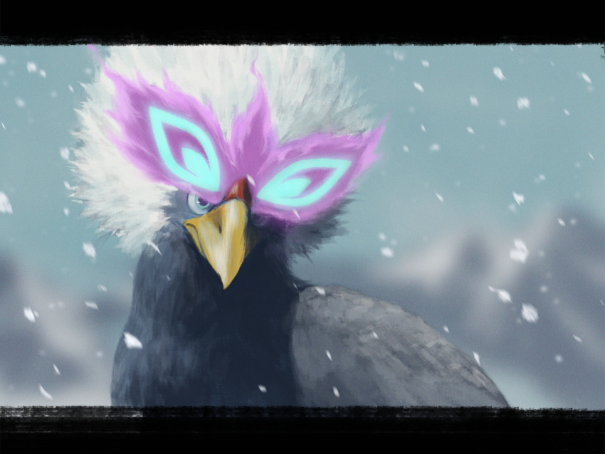 bird blue_eyes blurry closed_mouth commentary_request glowing highres hisuian_braviary hisuian_form no_humans pokemon pokemon_(creature) rend snowing solo white_fur