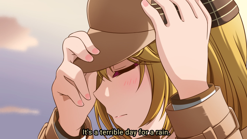 1girl absurdres blonde_hair blurry brown_headwear closed_eyes clouds deerstalker depth_of_field english_text face fullmetal_alchemist hat highres hololive hololive_english jan_azure parody profile scene_reference sky solo subtitled virtual_youtuber watson_amelia