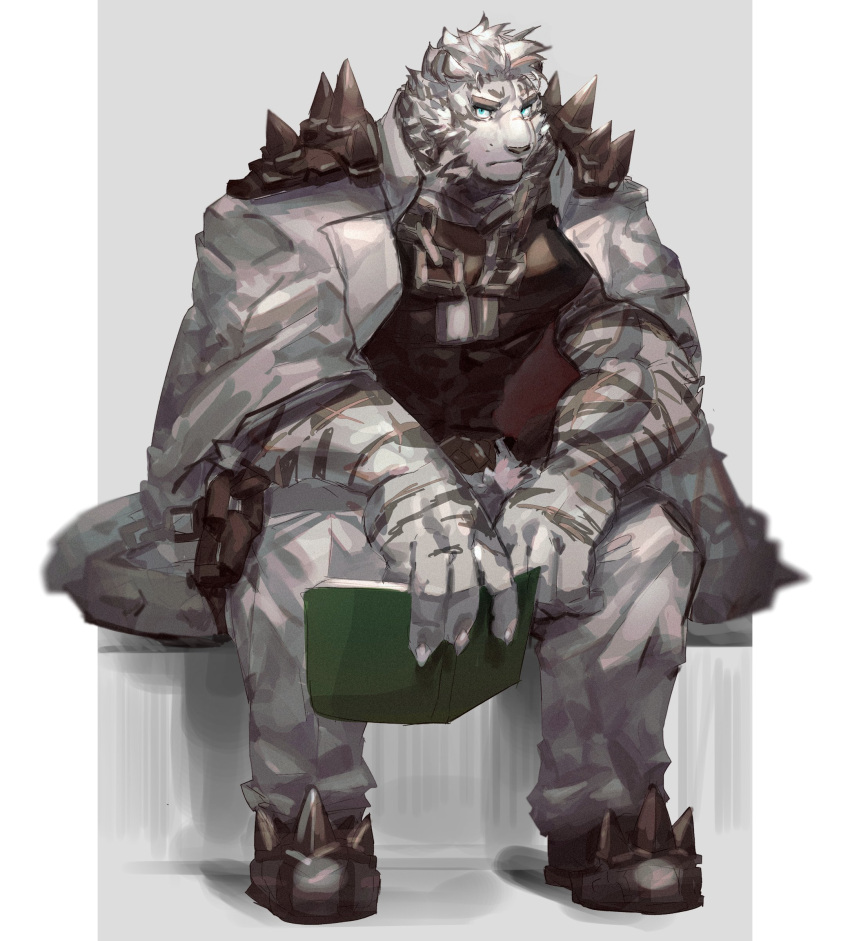 1boy 5cm_housamo absurdres animal_ears arknights black_tank_top book chain_necklace coat coat_on_shoulders covered_abs dog_tags full_body furry furry_male green_eyes highres holding holding_book looking_at_viewer male_focus mountain_(arknights) muscular muscular_male open_book pants pectorals scar scar_across_eye short_hair sitting solo tank_top thick_eyebrows tiger_boy tiger_ears white_fur white_hair white_pants