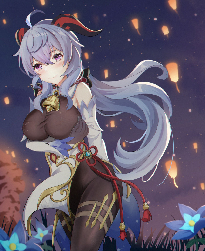 ahoge bare_shoulders bell black_gloves black_legwear blue_hair breasts chushou_jiang detached_sleeves flower ganyu_(genshin_impact) genshin_impact glaze_lily gloves gold_trim hand_on_own_chest highres horns lantern large_breasts long_hair looking_at_viewer neck_bell night smile very_long_hair violet_eyes vision_(genshin_impact) white_sleeves
