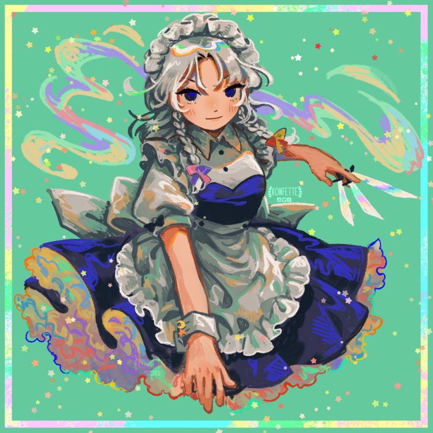 1girl apron arm_up artist_name bangs black_bow blue_dress blue_eyes border bow braid breasts buttons closed_mouth collar crescent dress frills green_background hair_between_eyes hand_up highres izayoi_sakuya k0nfette knife looking_at_viewer maid maid_headdress medium_breasts multicolored_bow pink_bow puffy_short_sleeves puffy_sleeves purple_bow rainbow rainbow_gradient red_bow shirt short_hair short_sleeves silver_hair smile solo star_(symbol) touhou twin_braids weapon white_apron white_shirt wrist_cuffs yellow_bow