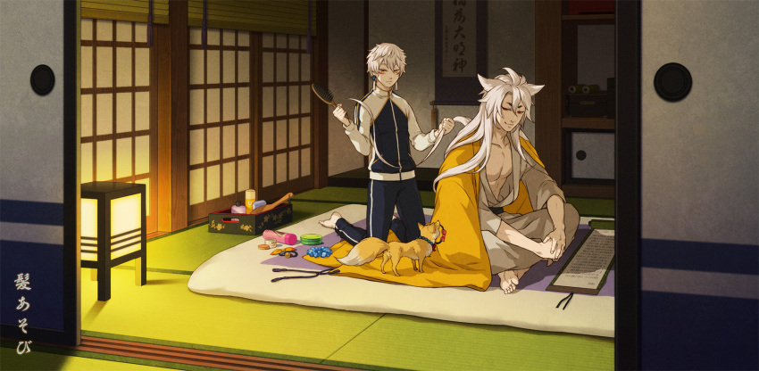 2boys animal_ears fox fox_ears futon hair_brushing hair_ornament hairclip highres japanese_clothes jumpsuit kogitsunemaru lamp long_hair male_focus mask multiple_boys nakigitsune nakigitsune_(tenka_hyakken) o_nigi_ri shampoo_bottle short_hair sliding_doors tatami touken_ranbu white_hair