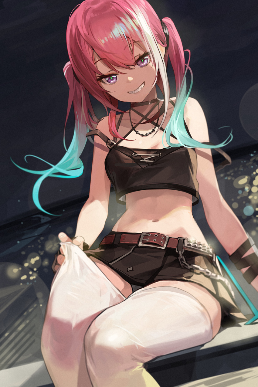 1girl aqua_hair bare_arms bare_shoulders belt black_choker black_shirt black_skirt breasts bright_pupils camisole chain choker crop_top crop_top_overhang goomrrat gradient_hair grin highres long_hair looking_at_viewer midriff miniskirt multicolored_hair navel original pink_hair pleated_skirt revealing_clothes sharp_teeth shirt sidelocks sitting skirt sleeveless sleeveless_shirt slit_pupils small_breasts smile solo spaghetti_strap stomach strap_slip teeth thigh-highs thighhighs_pull twintails two-tone_hair violet_eyes white_legwear wristband zettai_ryouiki