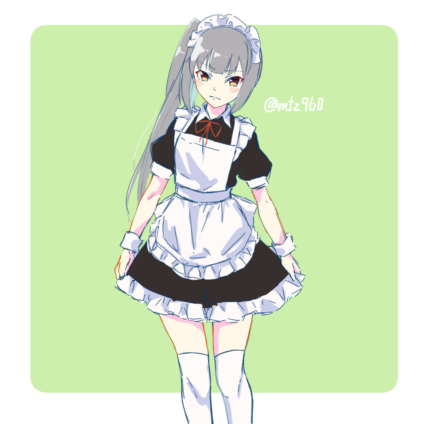 1girl alternate_costume apron black_dress border brown_eyes commentary_request cowboy_shot dress enmaided frilled_apron frills green_background grey_hair highres kantai_collection kasumi_(kancolle) long_hair looking_at_viewer maid maid_apron mochizou side_ponytail silver_hair skirt_hold solo standing thigh-highs two-tone_background white_border white_legwear wrist_cuffs