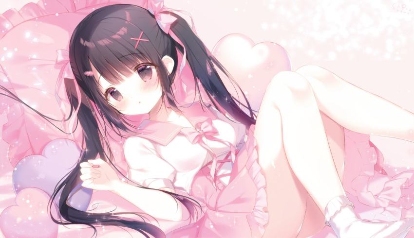 1girl :o bangs black_hair blush bobby_socks bow breasts brown_eyes collarbone commentary eyebrows_visible_through_hair feet_out_of_frame frilled_pillow frilled_skirt frills hair_bow hair_ornament hairclip hand_up heart knees_together_feet_apart knees_up long_hair looking_at_viewer lying no_shoes on_back original parted_lips pillow pink_bow pink_sailor_collar pink_skirt puffy_short_sleeves puffy_sleeves sailor_collar shiratama_(shiratamaco) shirt short_sleeves skirt small_breasts socks solo symbol-only_commentary twintails very_long_hair white_legwear white_shirt x_hair_ornament