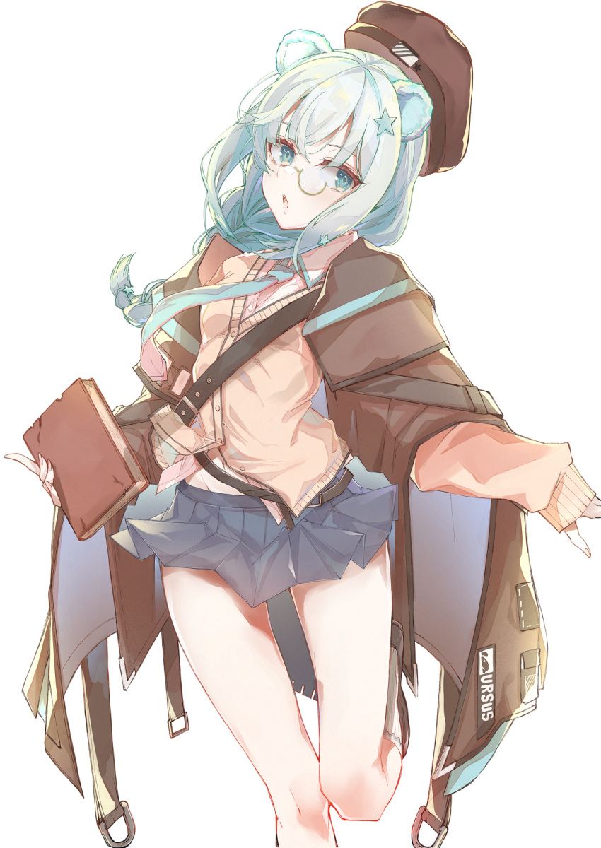 1girl :o animal_ears arknights bear_ears blue_eyes blue_hair blue_skirt book braid brown_cape brown_footwear brown_headwear cape cardigan e_sky_rugo hat highres holding holding_book istina_(arknights) long_hair long_sleeves looking_at_viewer miniskirt monocle open_mouth pleated_skirt semi-rimless_eyewear shoes simple_background skirt socks solo standing standing_on_one_leg under-rim_eyewear white_background white_legwear yellow_cardigan