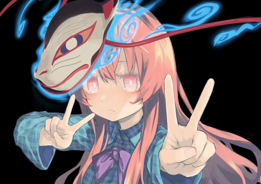 1girl arms_up bangs berabou black_background blue_fire blue_shirt bow bowtie closed_mouth double_v energy eyebrows_visible_through_hair fire hair_between_eyes hands_up hata_no_kokoro long_hair long_sleeves looking_at_viewer mask pink_eyes pink_hair plaid plaid_shirt purple_bow purple_neckwear shirt simple_background solo touhou upper_body v